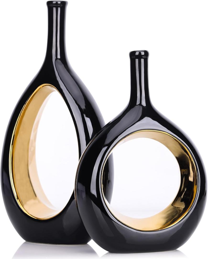 Black and Gold Vase Ceramic Black Vases Home Decor,Modern Minimalist Circle with Hole Decorative Vase, Hollow Ellipse Flower vases for Bookshelf, Fireplace Mantle, Centerpieces,Farmhouse,Rustic Dcor