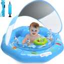 Baby Pool Float with Canopy, Inflatable Baby Swim Float with UPF50+ Sun Protection, Infant Pool Float with Toy Play Console,Safety Handles & Leashes,Adjustable Safety Seat For Toddler Aged 6-36 Months