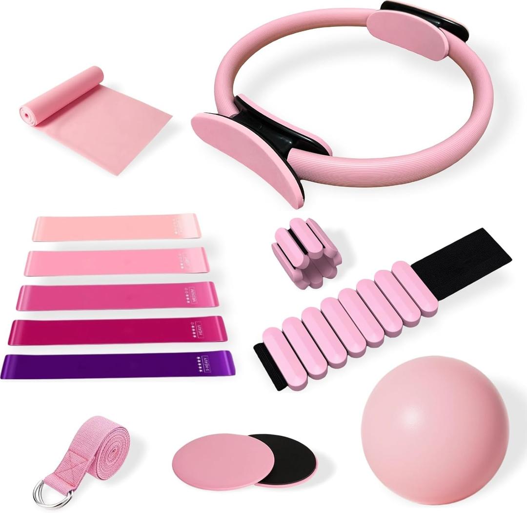 Pilates Equipment Kit for Home Workout,Pilates Ring and Ball Set,Pilates Essentials Accessories Kit for Women with Core Sliders,Adjustable Ankle Wrist Weight,Exercise Resistant Bands (pink)