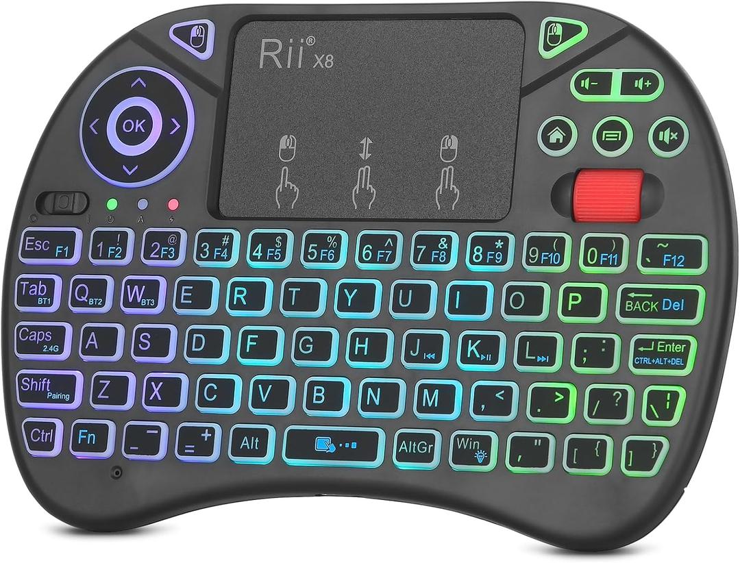 Rii X8 Mini Keyboard,Upgrade 2.4GHz Wireless and Bluetooth Keyboard with Touchpad,RGB Backlit,Rechargeable Battery for Android TV Box/Mac/PC/Nvidia Shield(2.4G+BT Version)