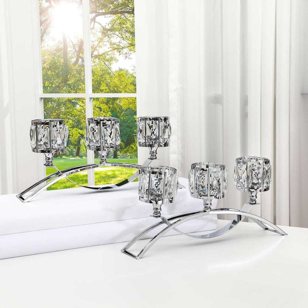 Remerry 2 Set Crystal Bowl Tealight Candelabra Votive Candle Holders 3 Arms Arch Sliver Crystal Candlestick Centerpieces for Tables Tea Lights Candle Table Centerpiece Decor for Wedding Dinning Party