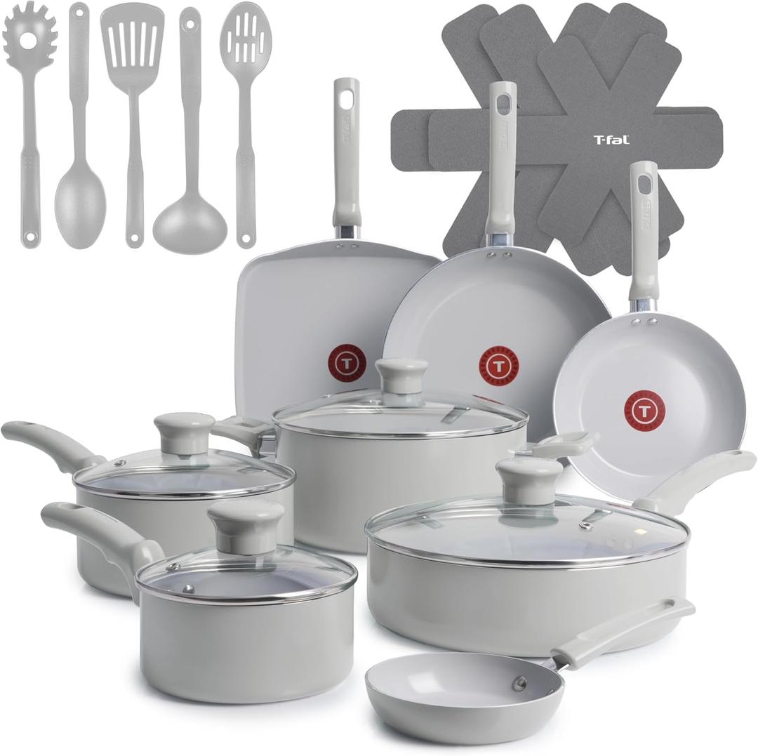 T-Fal Refresh Ceramic Pots and Pans Set, 20-Piece Nonstick Cookware Set, Stockpot, Griddle, Frying Pans, Utensils, Moon Grey