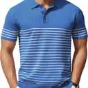 COOFANDY Men's Knit Polo Shirts Short Sleeve Striped Golf Polo Shirts Lightweight Casual Collared T Shirt (Large, Blue (White Stripes))