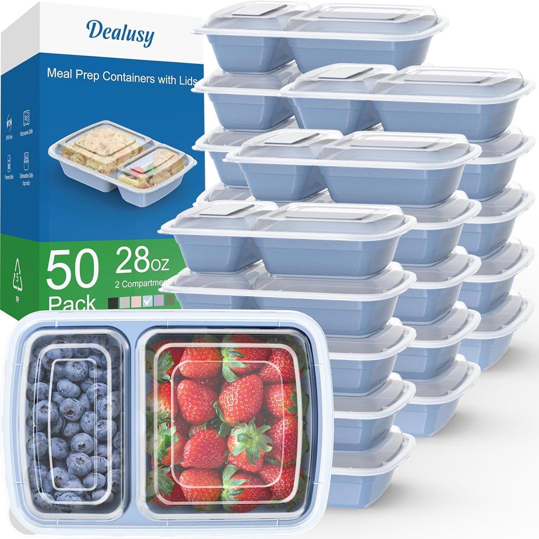 50 Pack (100-Piece) 28 oz Meal Prep Containers Reusable with Lids 2-Compartment, Sturdy Leakproof Food Safe, Microwave Freezer Dishwasher Safe, To Go Take Out Plastic Food Storage, Blue