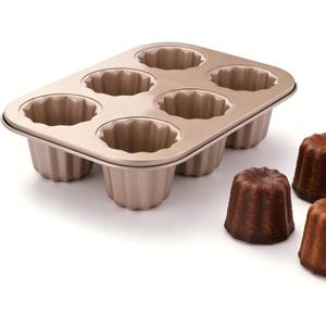 6-Cavity Canel Pan Nonstick, Carbon Steel Canele Mold for French Pastry Baking, Small Batch Canele Baking Pan for Mini Cakes, Custards & Home Baking