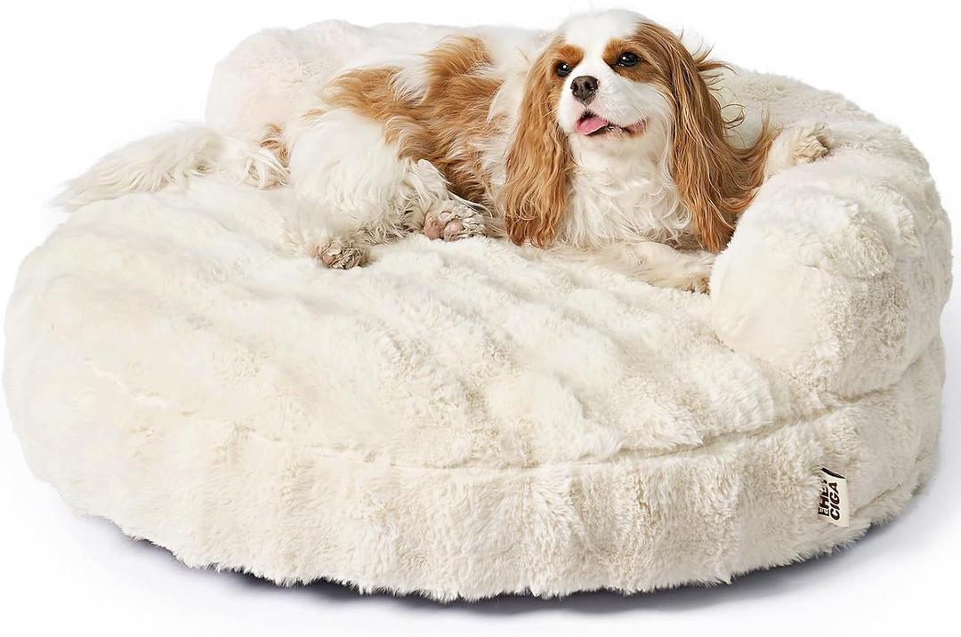 EHEYCIGA Dog Bed Medium Size Dog, Fluffy Small Dog Couch with Removable Washable Cover, Bolster Pet Sofa, Waterproof and Non-Slip, 30" x 30"x 8.5", Cream