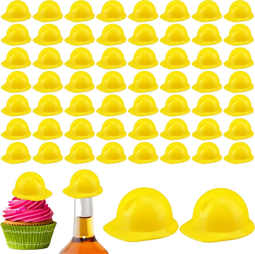 60 Pcs Mini Construction Hat Miniature Hard Hat Tiny Plastic Helmet Bottle Topper for Construction Theme Party Decoration Toy Doll Pet Dress Up Accessories