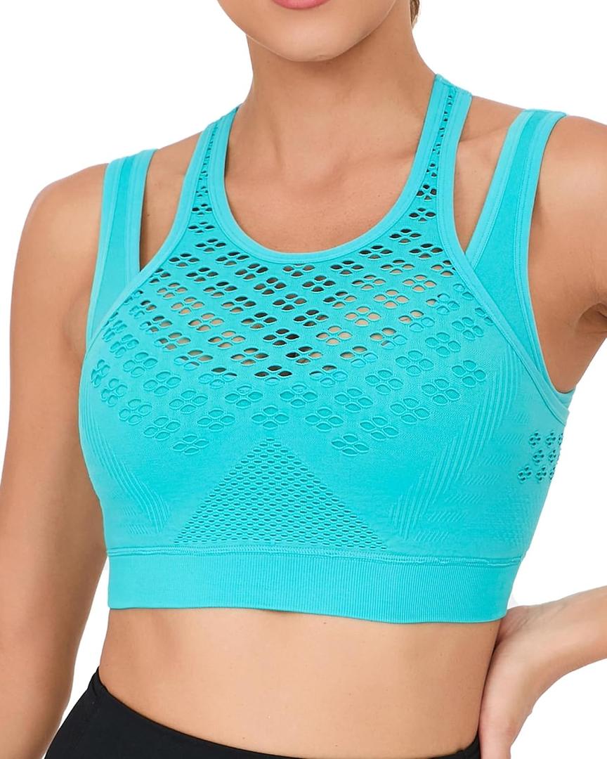 RUNNING GIRL Sports Bras for Women High Support,Seamless Ribbed Longline High Neck Sports Bra Racerback Padded Crop Top Yoga (Green, L)