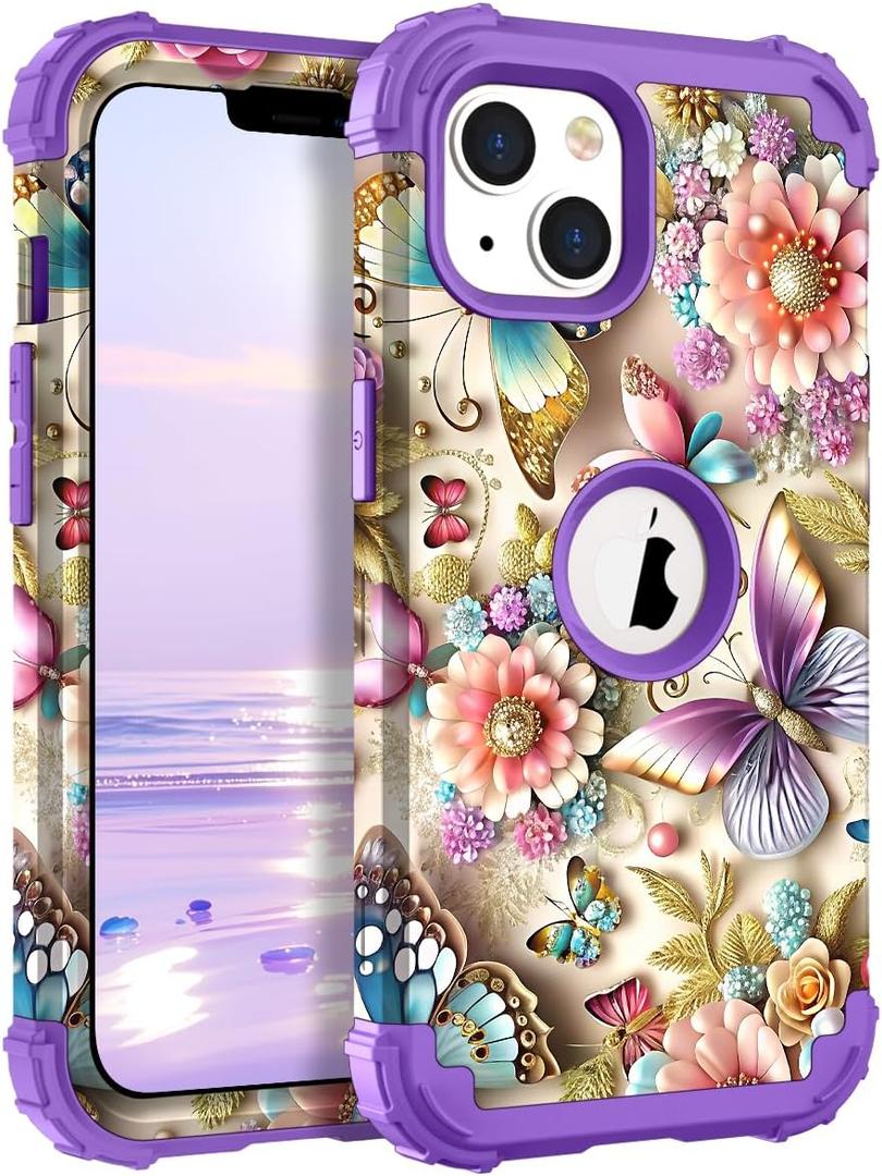 TEECOVER for iPhone 13/14 Case, Heavy-Duty Shockproof Full Protection Hard Plastic Bumper + Soft Silicone Rubber Protective Case for iPhone 13/14-6.1-Inch, Purple Butterfly