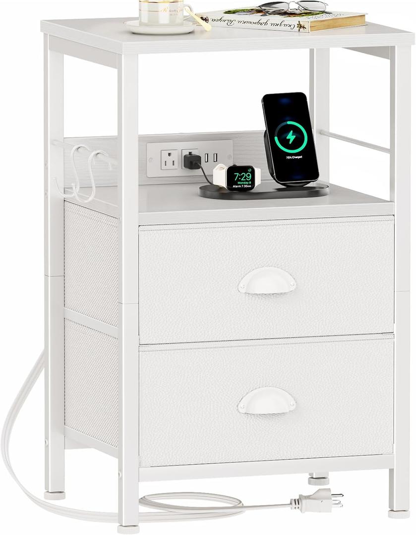 Furologee End Table with Charging Station, Nightstand with Fabric Drawers, Side Tables with USB Ports & Outlets, Night Stand with Storage Shelf & Hooks, for Living Room/Bedroom, White, 1 Pc