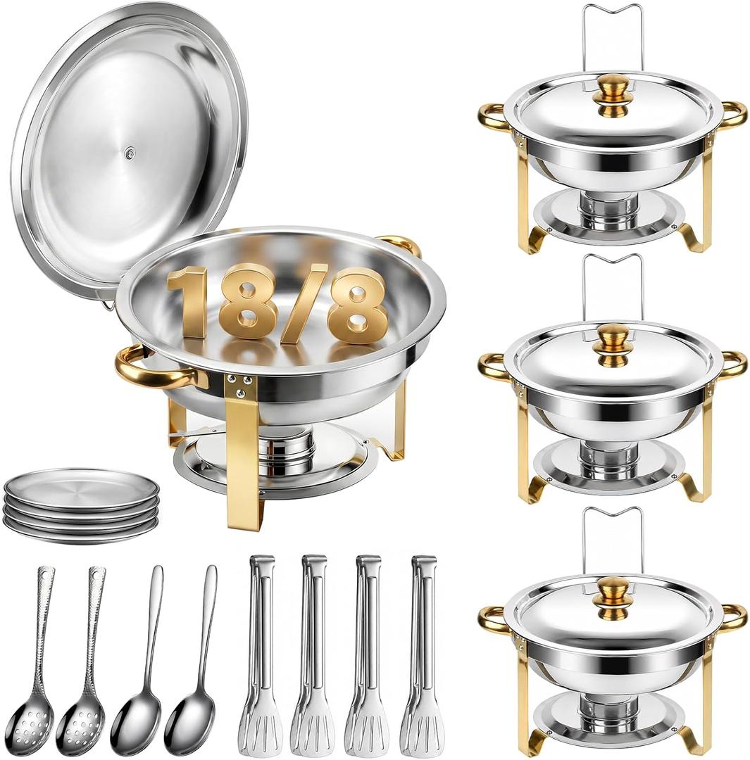4 Pack Chafing Dishes for Buffet with Lid & Lid Holder, 6QT Round Stainless Steel Chafing Dish Set, Heating and Cooling Buffet for Home Parties, Christmas Gatherings, Catering Events