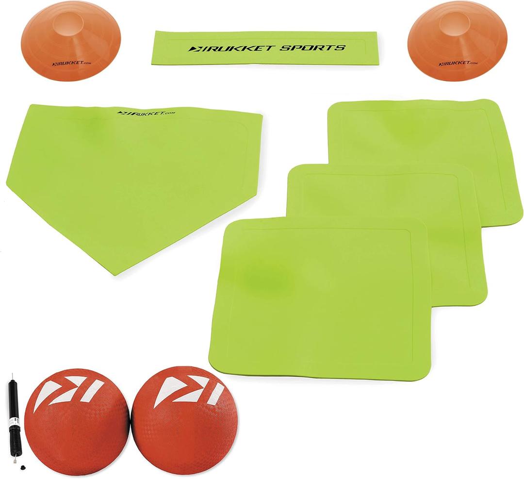 Rukket Kickball Set with Bases | Rubber Throw Down Plates and Kick Ball | Perfect for Kids and Adults | Playground and Backyard Game | Air Pump and Foul Line Cones