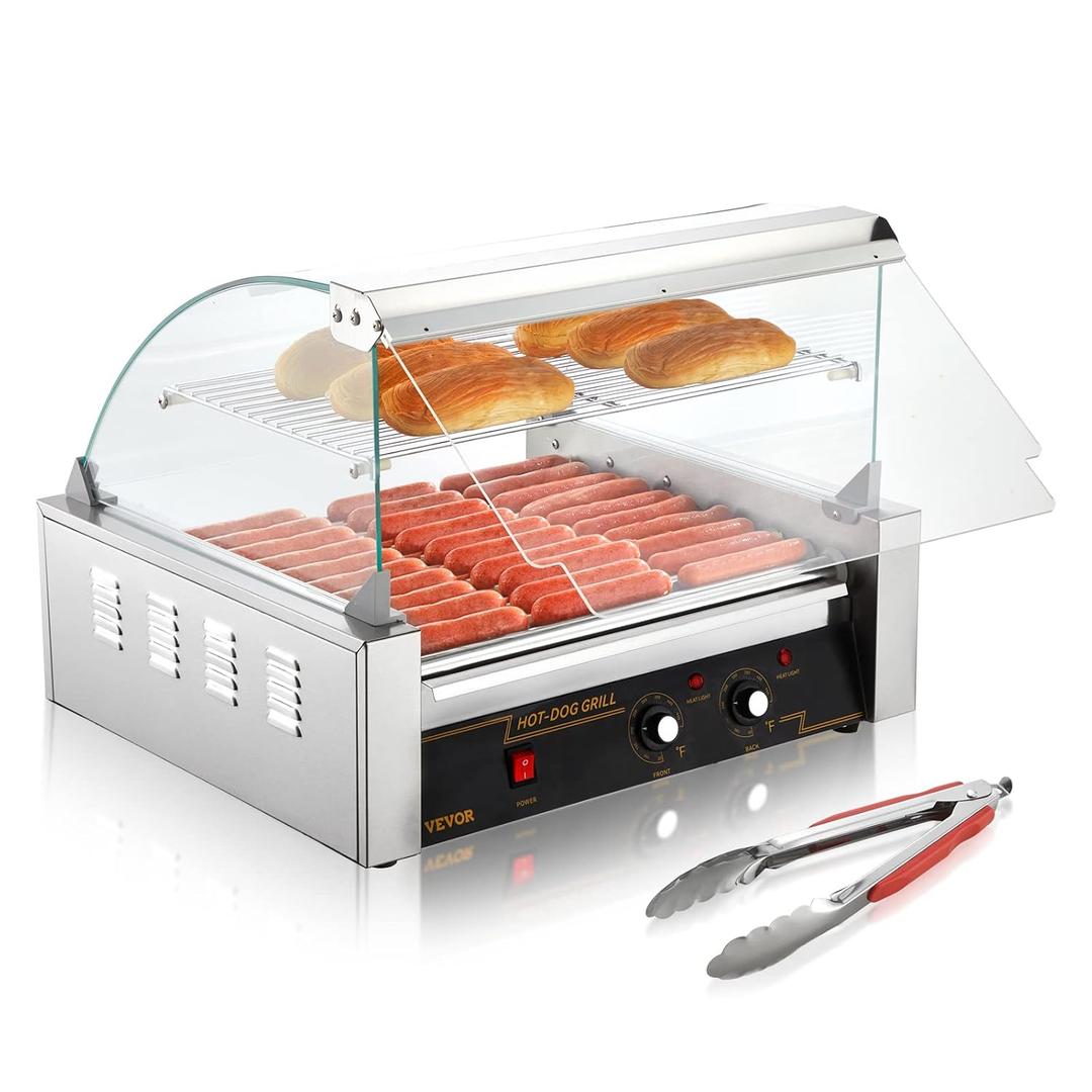 VEVOR Hot Dog Roller, 30 Hot Dog Capacity 11 Rollers, 1800W Stainless Steel Cook Warmer Machine w/Cover & Dual Temp Control, LED Light & Detachable Drip Tray, Sausage Grill Cooker for Kitchen Canteen | 1800W, Stainless Steel, Cover & Dual Temp Control, LED Light & Detachable Drip Tray, Sausage Grill Cooker