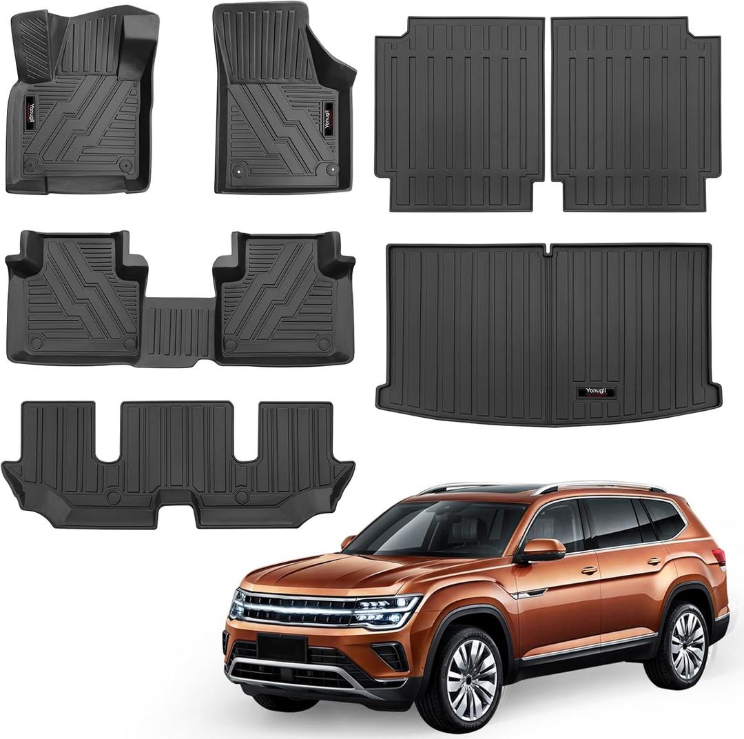 Custom for 2018-2024 2025 VW Atlas 6 Seat Floor Mats Trunk Cargo Liner and Rear Seat Backrest Mat All Weather TPE Protection Mat for Volkswagen Atlas Accessories (only for 6 Seater)