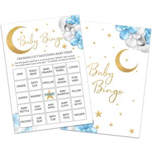 Baby Bingo Game Cards, Moon & Stars Baby Shower Games, 25 Cards