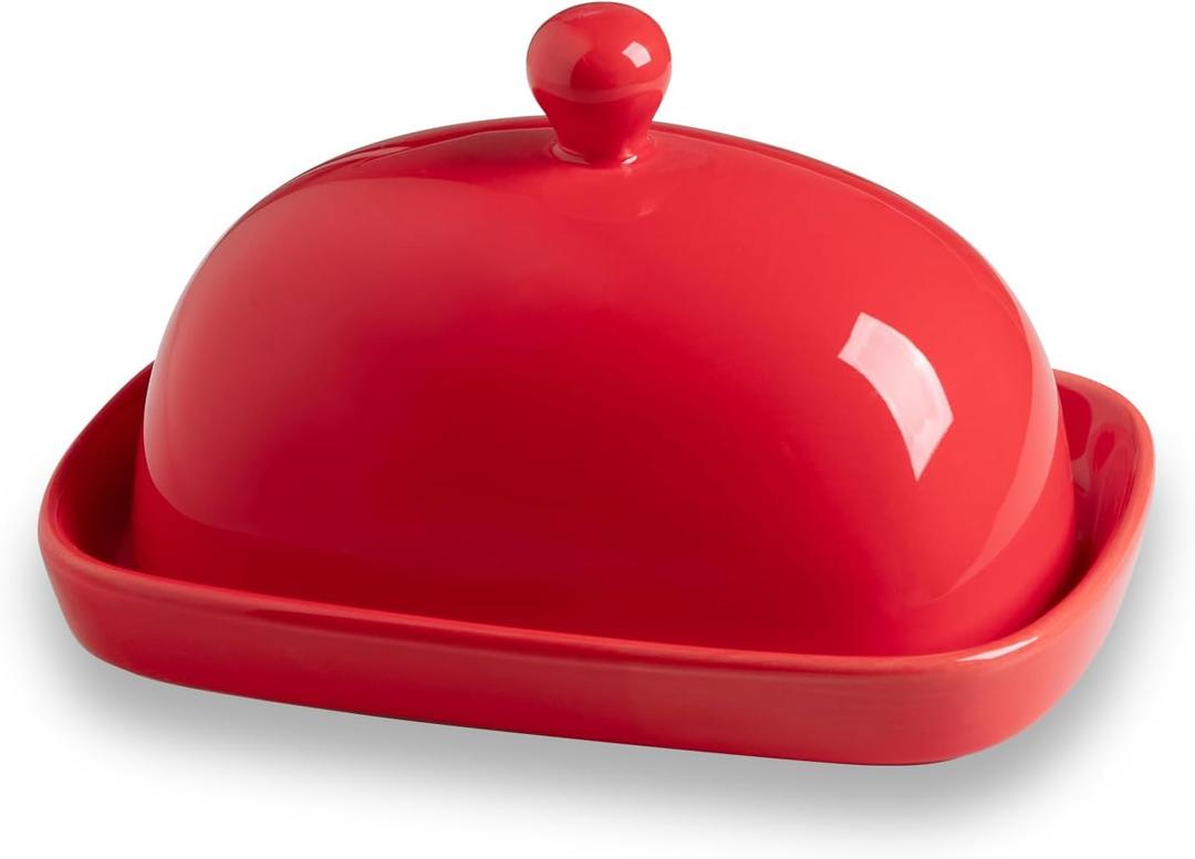 Sweejar Ceramic Butter Dish with Lid for Countertop,Porcelain Butter Keeper with Knob Handle,Butter Container for East/West Coast Butter, 7.3*4.1 inches (Red), L
