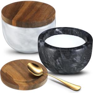 Maxdot 2 Pcs Marble Salt and Pepper Bowls with Wood Lid Marble Salt Cellar Box Black and White Spice Bowls Seasonings Keeper Pepper Container with Scoop Large Capacity Gifts for Kitchen