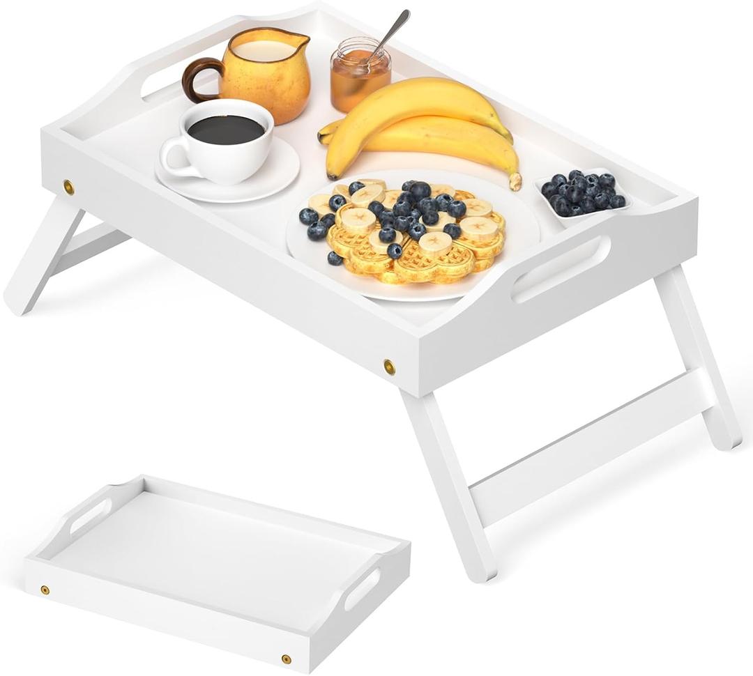 Breakfast Bed Tray for Eating - Foldable Food Laptop Table - Portable Bamboo Raised Serving Tray - Snack Platter with Folding Legs, Eating for Bedroom, Picnic, Sofa - White