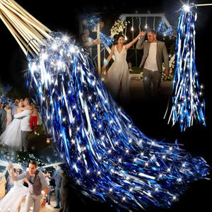 24 Pcs Lighted Wedding Wands LED Tinsel Wands Light up Streamers Sparklers for Wedding Send Off and Exits Birthday Party Props Favors(Blue Silver Tinsel)