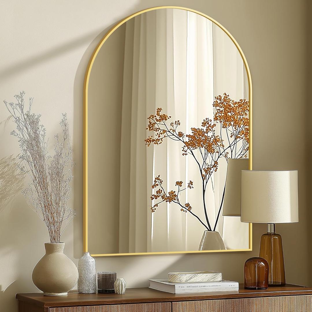 Arched Bathroom Mirror for Wall, 40" x 28" Gold Metal Frame Vanity Mirror, HD Glass Over Sink for Bathroom, Entryway, Bedroom