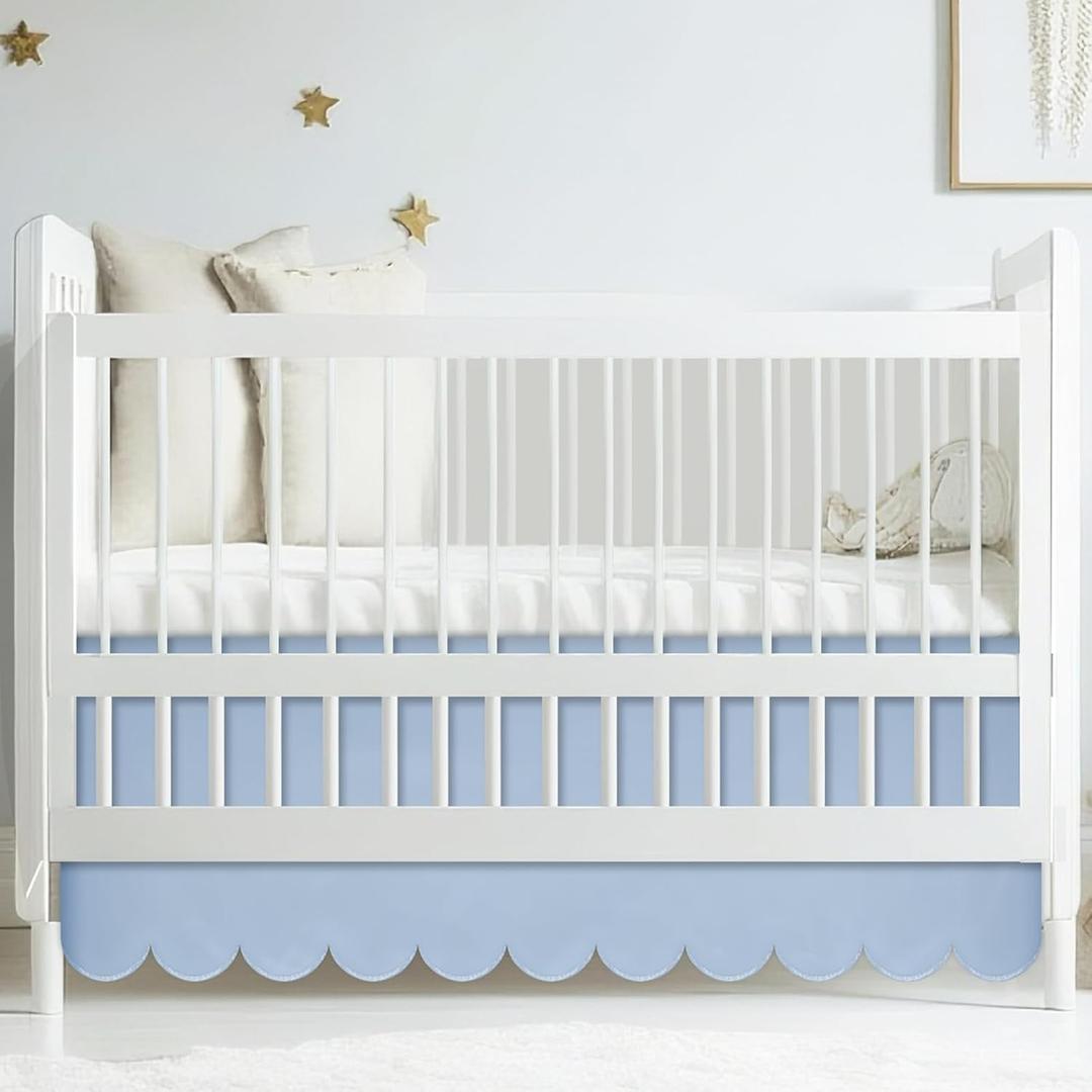 Hahafelt Blue Scalloped Crib Skirt 28"x 52" with 14" Drop Pleated Dust Ruffle with Split Corners for Baby Boys Girls Soft 4-Sided Crib Bed Skirt Nursery Standard Toddler Bedding