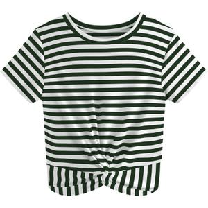 JINKESI Women's Summer Causal Short Sleeve Blouse Round Neck Crop Tops Twist Front Tee T-Shirt (C12 Green Stripe, Small)