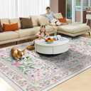 Washable Purple Green Area Rug 5'7' Boho Large Living Room Rug Lilac Lavender Floral Non-Slip Soft Oriental Vintage Color Bedroom Carpet Dining Room Nursery Home Office Indoor Decor