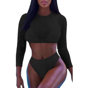 Meyeeka Womens Sexy High Waist Rash Guard Swimwear Long Sleeve 3PCS Swimsuit (Medium, Black)