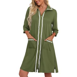 Ekouaer Women Zipper Robe Lightweight House Coat Zipper Front Short Bathrobes Soft Nightgown with Pockets S-3XL (Medium, Army Green)