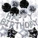 3 x Black and Silver Birthday Decorations for Men Women, Silver Happy Birthday Balloon Banner with Star Balloons, Paper Flowers, Hanging Swirls for Party Decorations