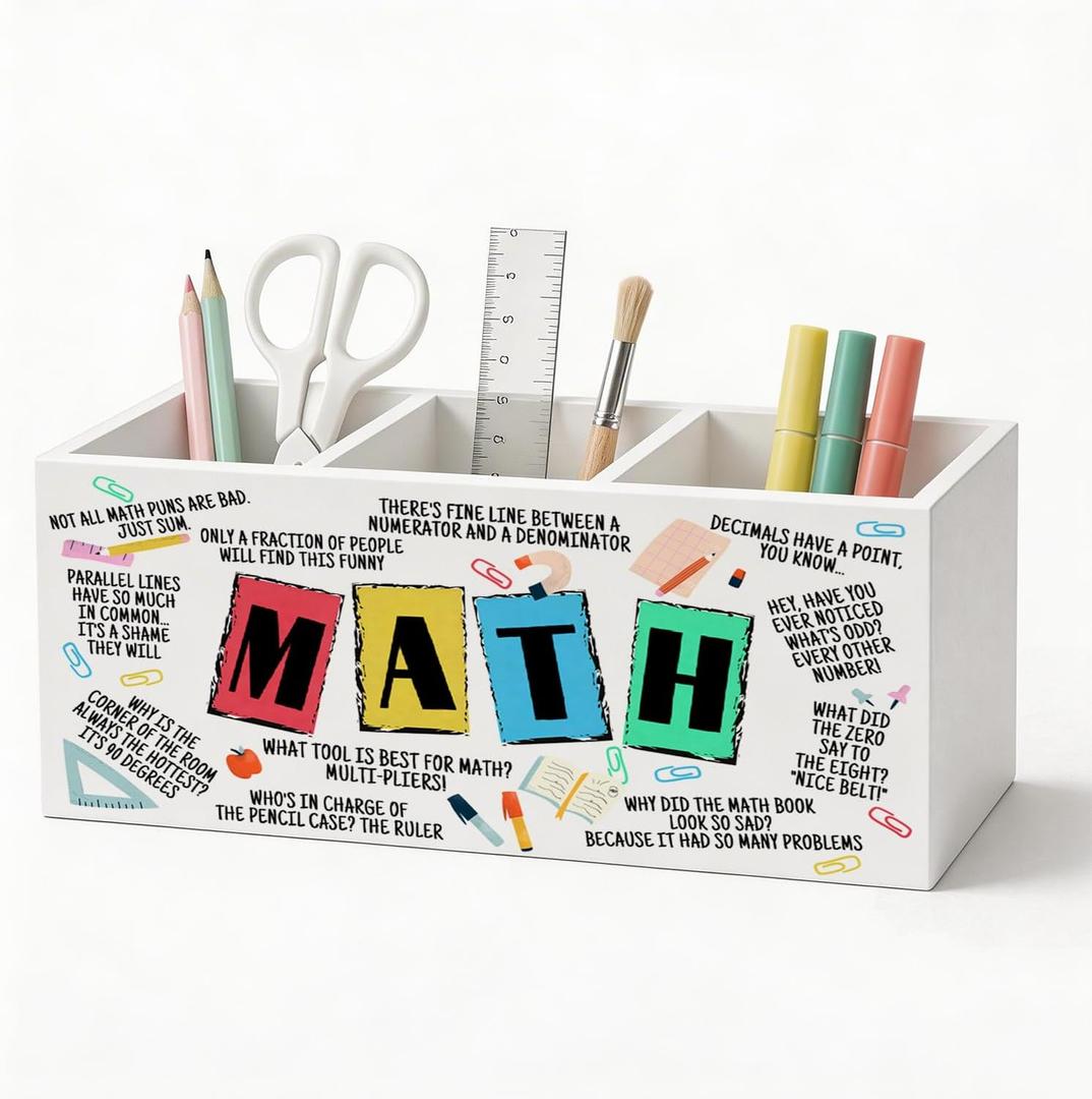 Math Teacher Gifts Pen Holder Organizer Desk Decor, End of Year Teacher Appreciation Gifts Wooden Pen Pencil Holders for Math Classroom School Office Home Desk Accessories