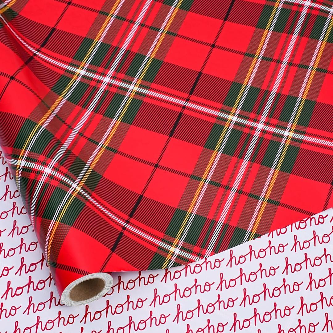 BIOBROWN Reversible Christmas Wrapping Paper - 17 Inch X 33 Feet (46.7 sq. ft. ttl.) - Red Tartan Plaid and HOHO Design Perfect for Xmas, Party, Holiday Gift Wrap