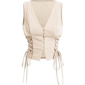 GORGLITTER Women's Sleeveless Western Cowgirl Rodeo Outfit Lace Up Vest Tops Pirate Renaissance Peasant Bodice 2025 (Medium, Apricot)