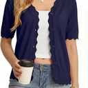 GRECERELLE Summer Short Sleeve Cardigan for Womens Lightweight Cropped Knit Sweater Shrug (Large, Navy Blue)