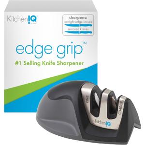 KitchenIQ 50009 Edge Grip 2-Stage Knife Sharpener, Black, Coarse & Fine Sharpeners, Compact for Easy Storage, Stable Non-Slip Base, Soft Grip Rubber Handle, Straight & Serrated Knives
