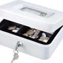 KYODOLED Medium Cash Box with Money Tray,Small Safe Lock Box with Key,Cash Drawer,7.87"x 6.30"x 3.54" White Medium