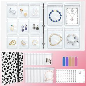 Large Transparent Jewelry Storage Book with 300 Pockets and 50 Jewelry Pouches,Travel Jewelry Organizer and Storage,Jewelry Binder Organizer for Earring,Bracelet,Necklace (300 Grids+50 pvc bags,Cow spot)