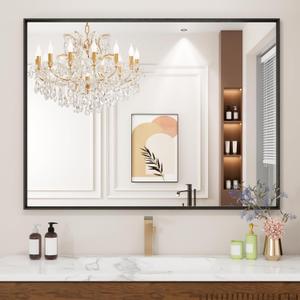 Bathroom Mirror, 24X36 Inch Matte Black Framed Mirror, Rectangular Wall Mirror, Vanity Mirror Wall Mounted, Anti-Rust, Tempered Glass, Hangs Horizontally or Vertically