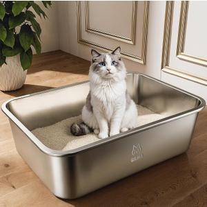 Stainless Steel Litter Box, Metal Cat Litter Box with High Sides, Odor-Free, Non-Stick, Easy to Clean, 17.5"13.6"5.9", Ideal Size for Small to Medium Cats, Litter Tray
