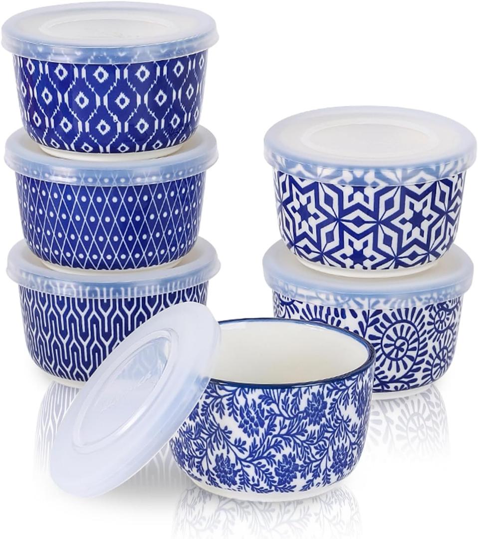 Selamica 6 oz Ramekins with Lids Oven Safe, Creme Brulee Ramekins Souffle Dishes with Covers, Pudding Custard Cups Stackable Ceramic Mini Ramekin Bowls Set for Baking, Dipping, Set of 6, Vintage Blue