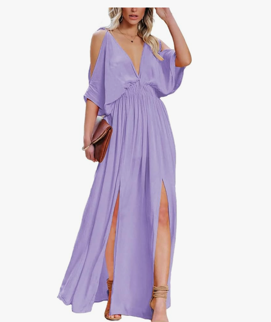 DEEP SELF Women Summer V Neck Cold Shoulder Short Sleeve Maxi Dress High Waist Split Wedding Guest Long Dress. Size Large
