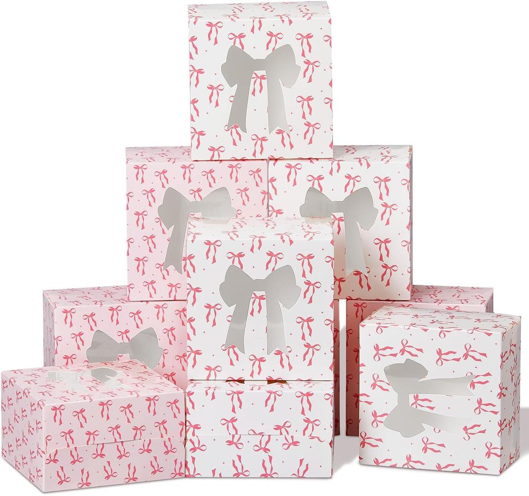 50 Pack Pink White Bow Cookie Boxes with Window 5x5x3 Inch Small Bakery Treat Boxes for Pastry Donuts Macaroon Cupcakes Tea Party Birthday Wedding Bridal Shower Favors