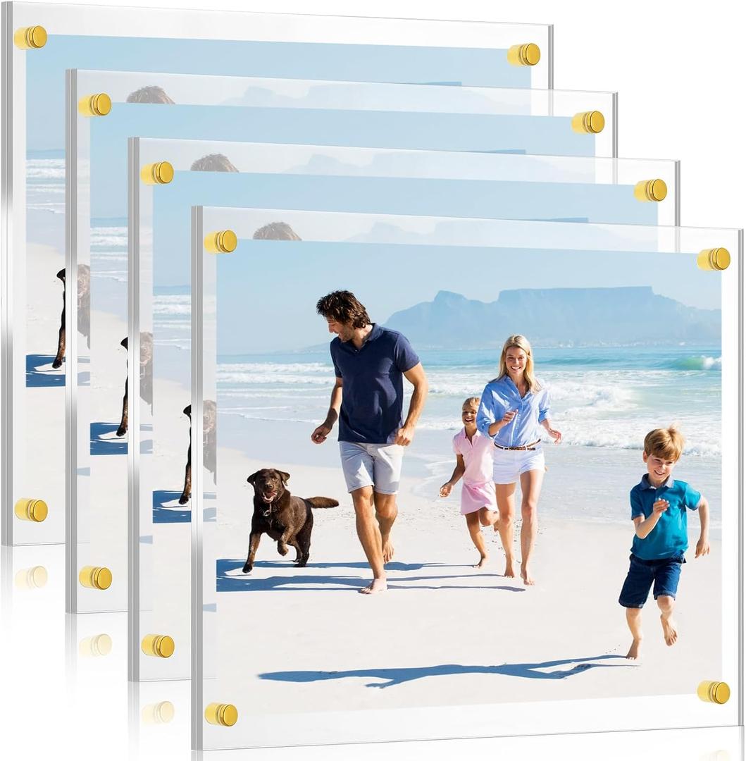 4 Pcs Acrylic Floating Picture Frame 8.5 x 11 Inches Wall Mount Frameless Photo Frames Double Panel Clear for Home Office Photo Display, Full Size 9.6 x 13.2 Inch (Gold)