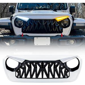 Front Shark Grille Compatible with 2018-2025 Jeep Wrangler JL JLU Gladiator JT, w/DRL Turn Signal Lights, White Black