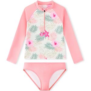 Angel season Girls Rash Guard Swimsuit Set Toddler Kids Swimwear Long Sleeve Bathing Suits Little Girl Summer UPF 50+ (5T, Pink Hawaiian Floral)