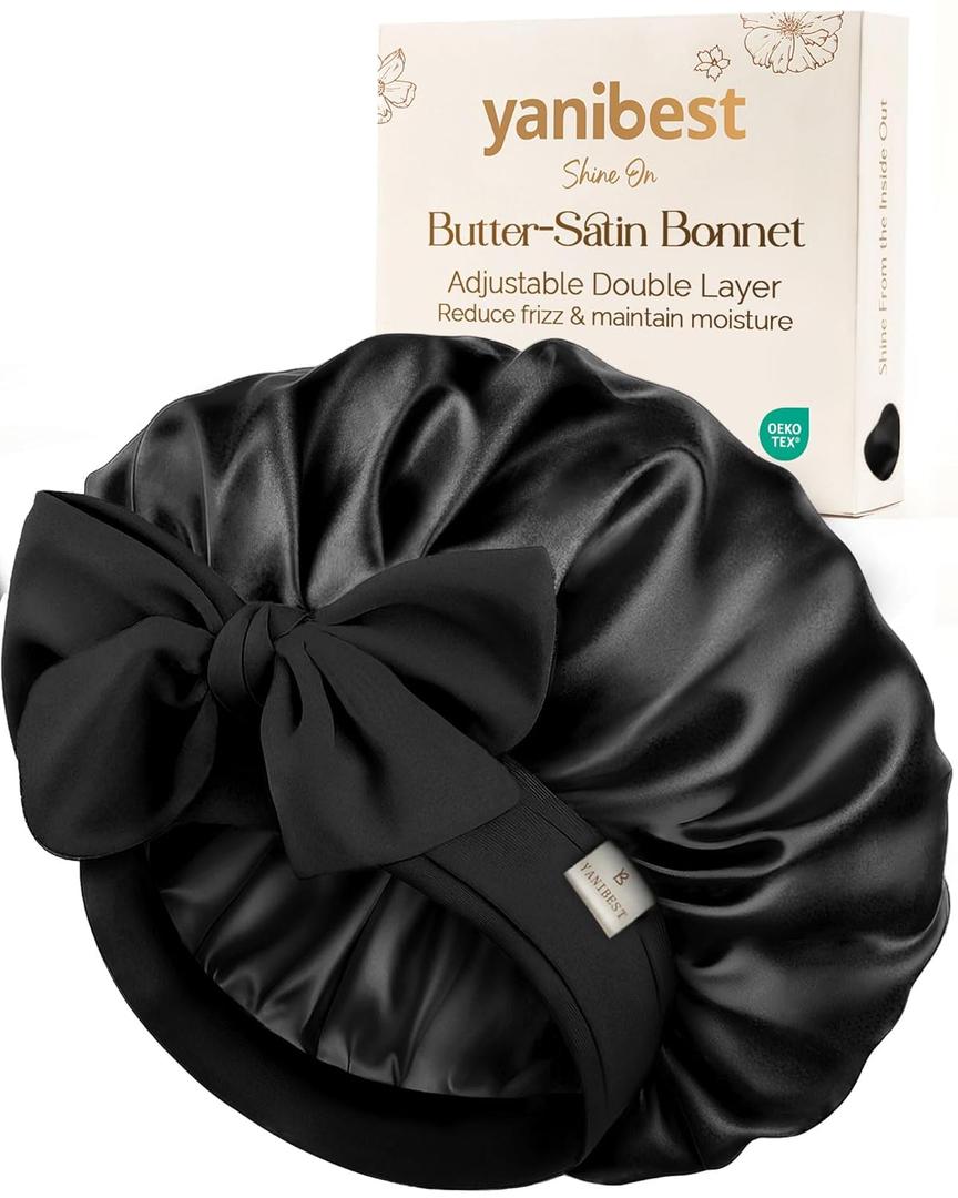 Yanibest Adjustable Satin Bonnet for Sleeping, Double Layer Silk Hair Bonnet with Tie Band for Unisex Women Men Curly Natural (Black)