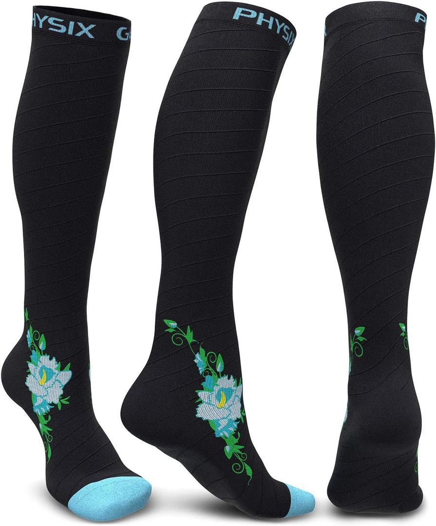 Physix Gear Compression Socks 20-30 mmHg - Men & Women - Running, Nurses, Shin Splints, Flight, Travel (Black/Blue Flower, S/M)