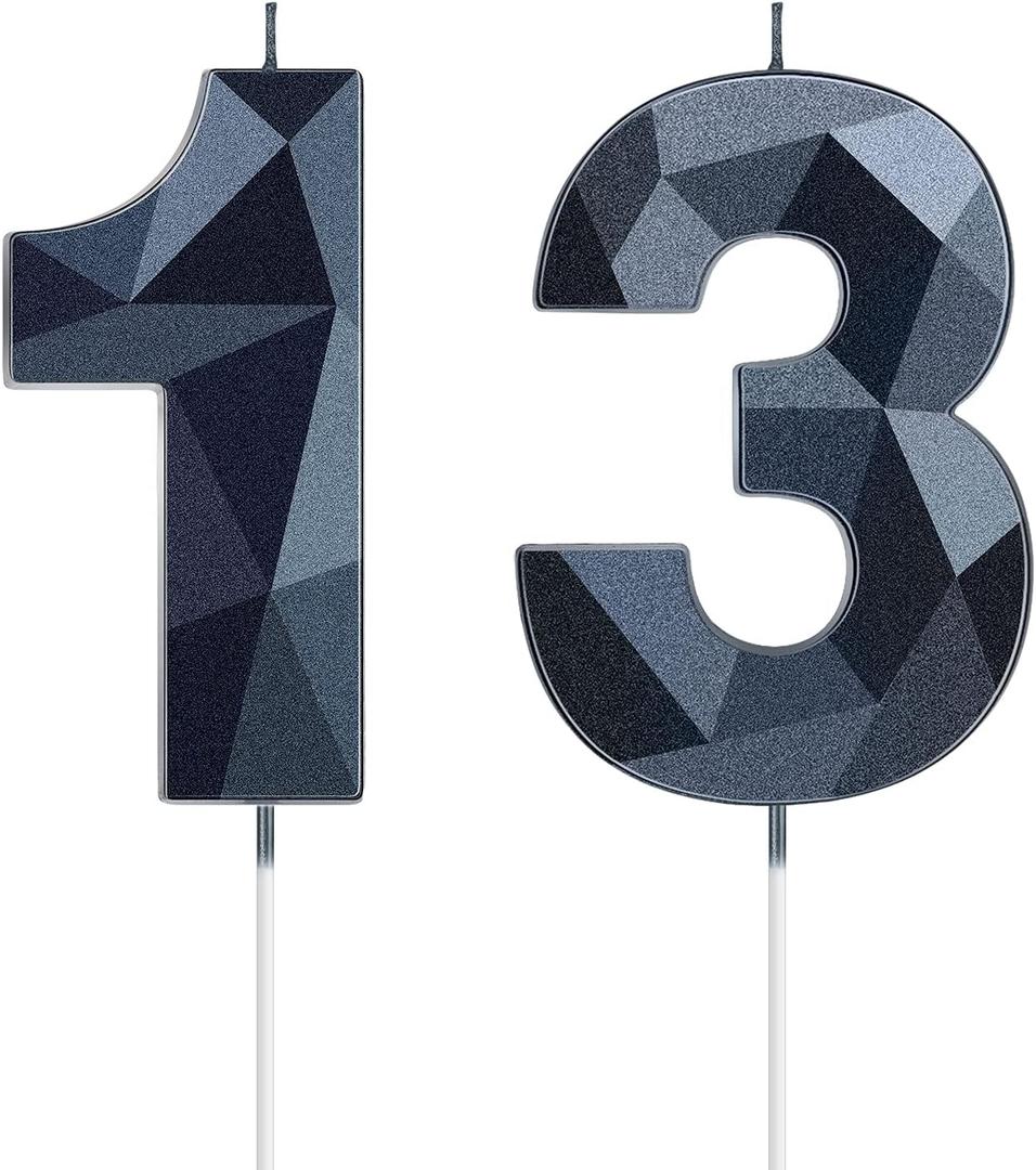 Nuanchu 13th Birthday Candles Black Number 13 Candles Happy Birthday Cake Topper 3D Diamond Shape Numeral Candles Decoration for Boy Girl Women Wedding Theme Party Anniversary Favors(Black)