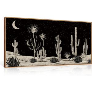 Desert Night Cactus Framed Canvas Wall Art Set,Southwestern Black and White Landscape Wall Decor,Rustic Wooden Mid Century Boho Moon Artwork for Living Room,Bedroom-20 x40