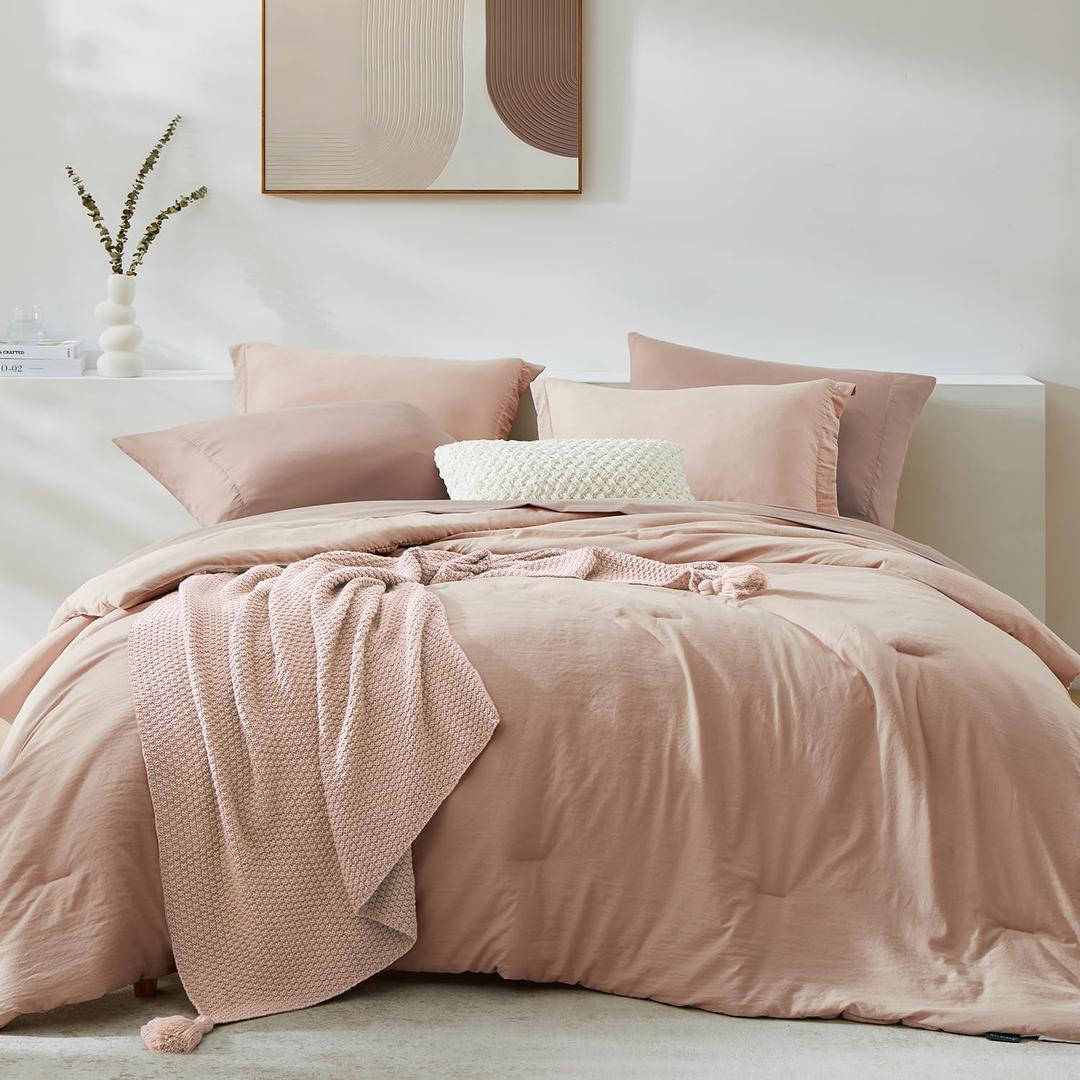 WRENSONGE Queen Comforter Set - 7 Pieces Clay Pink Soft Bed in a Bag Queen with Fitted Sheet, Flat Sheet, 2 Pillow Shams, and 2 Pillowcases- Warm Bedding Sets for All Season